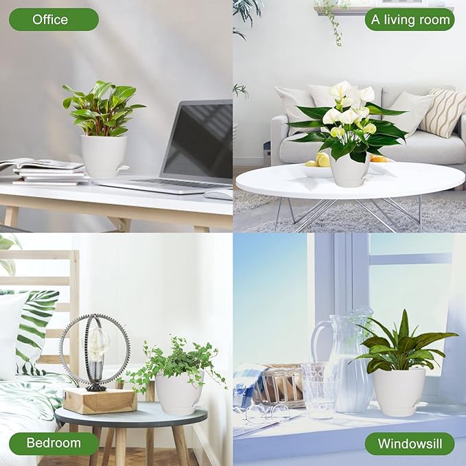Vanslogreen Planters for Indoor Plants, 8/7/6.5/6/5.5/5 Inch Self Watering Planters with Drainage Hole, Plastic Planters Flower Pots for Indoor Outdoor Plants (Matte White)