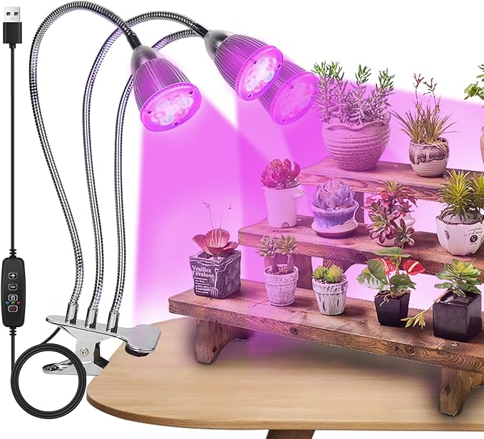 CFGROW Small Led Grow Light, Desk Clip LED Plant Grow Lamp 21W with 3pcs 360° Flexible Goosenecks for Indoor Office Home Garden Greenhouse Table Plants Growing Lighting