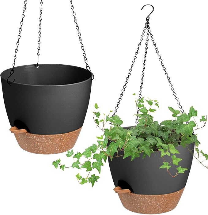 Vanslogreen Hanging Planters for Indoor Outdoor Plants, 2 Pack Self Watering Hanging Pot with Drainage Holes & Removable Tray (Black, 10'')