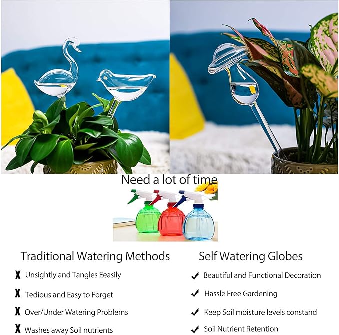 Kingbuy Mushroom Shaped Self-Watering Globes - 2 Pack Glass Automatic Plant Waterer for Indoor Outdoor Plants, Water Bulbs & Decorative Stakes for Plant Lovers