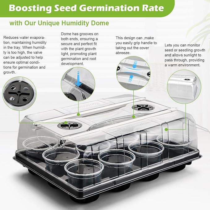 RooTrimmer 3 Pack 12 Cell Seed Starting Trays with Clear Domes and Growing Lights & 4 Inch Clear Seedling Pots 36 Pack, Plant Nursery Faster Propagation Kit 3 Sets for Seeds Vegetables Herbs