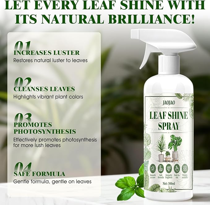 JAOJAO Leaf Shine Spray for Indoor Plants, Plant Shine Spray For Real Plants Leaf Shine Cleaner and Gloss Better Photosynthesis Restores shine for Indoor and Outdoor, 300ml