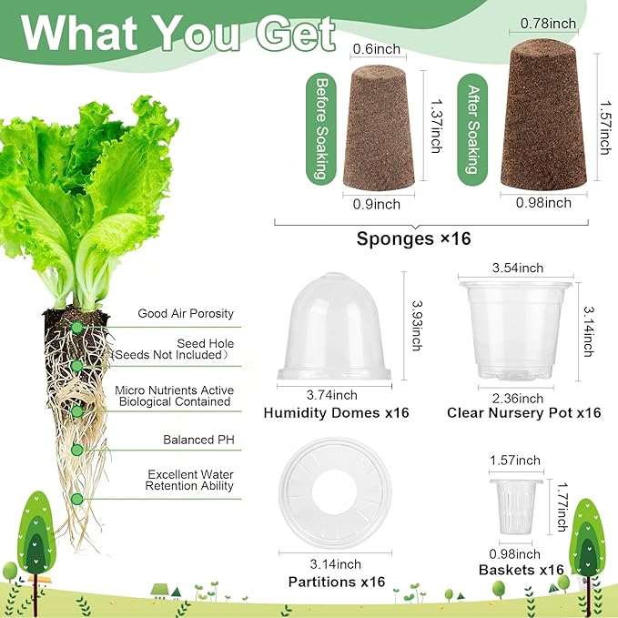 Hydroponic Pods Kit Includes Clear Nursery Pots with Humidity Domes and Grow Baskets & Sponges - Seed Pods for Hydroponic Garden Indoor Herbs Seedling Plants, Reusable Hydroponics Supplies (16 PCS)