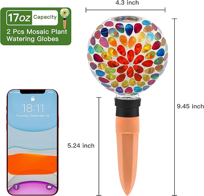 VOREEN Mosaic Plant Watering Globes with Terracotta Watering Spikes, 17oz Glass Self Watering Globes for Indoor & Outdoor Potted Plants, Decorative Water Drippers, Set of 2