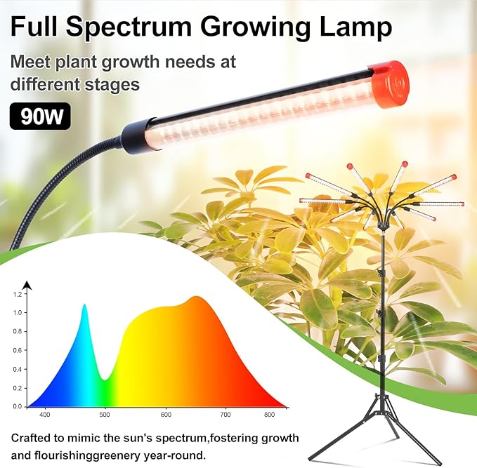 FRGROW 10Head Grow Light with Stand for Tall&Large Indoor Plants, Bonsai Tree, Big Coverage and Bright Plant Growing Lamps, 4/8/12/16/20H Timer, 90 Watt Power Draw, NO Need Adapter, 360° Gooseneck