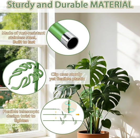 Telescoping Plant Stakes, Detachable Leaf Clips, Monstera Plant Support Stick Adjustable from 21In to 43In, Plant Support Stakes Ideal for Indoor, Outdoor and Climbing Plant, Vegetables - 2 Pack