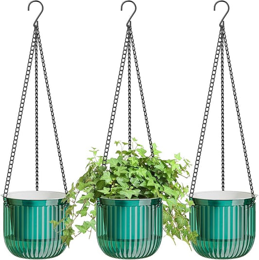 ZeeDix 3 Pack-6.5 Inch Hanging Planters for Indoor Plants, Self Watering Hanging Plant Pots with 3 Hooks and Drainage for Home, Wall, Window Decor Outdoor Use (Green, 6.5 inch)