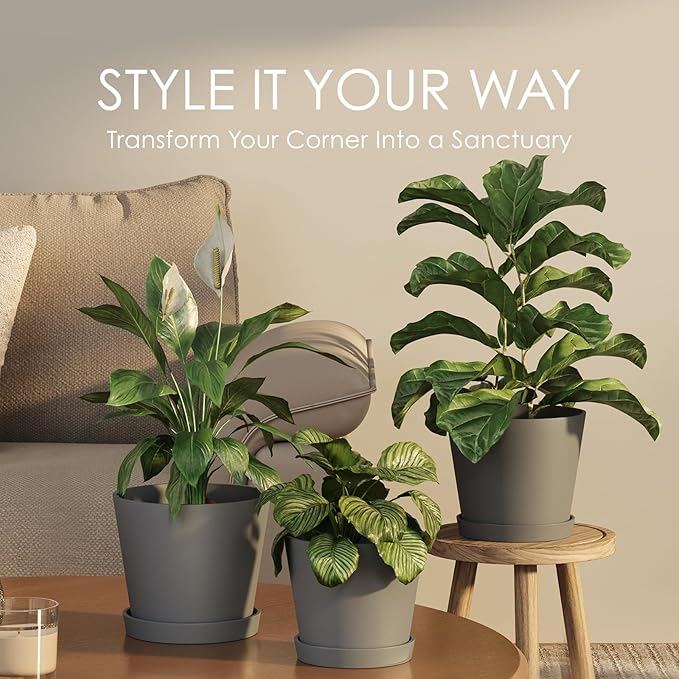 Bamworld 3 Pack Plastic Plant Pots with Drainage Holes and Saucers 6/7/8 Inch 5mm Thick Modern Decorative Flower Pots for Indoor Outdoor Plants Gray