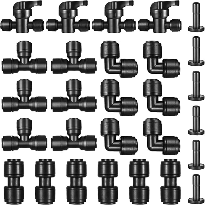 28 Pack 1/4" Quick Connect Fittings Kit,1/4 Inch Irrigation Tubing Fittings Anti-Drop Push to Connect for 1/4 Inch Drip Tubing 6 Coupling 6 Elbow 6 Tee 6 End Plug 4 Shut Off Valve
