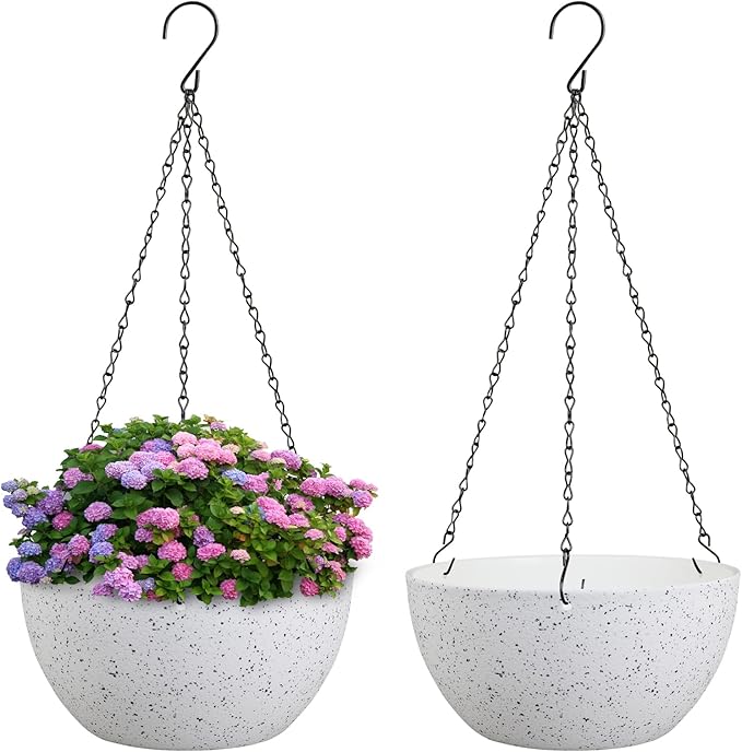 Meowell 8 inch Hanging Planters for Small Indoor Outdoor Plants, 2 Pack Hanging Flower Pots with Drainage Holes and Chain for Garden Porch, Plastic Hanging Baskets for House Plants, Speckled White