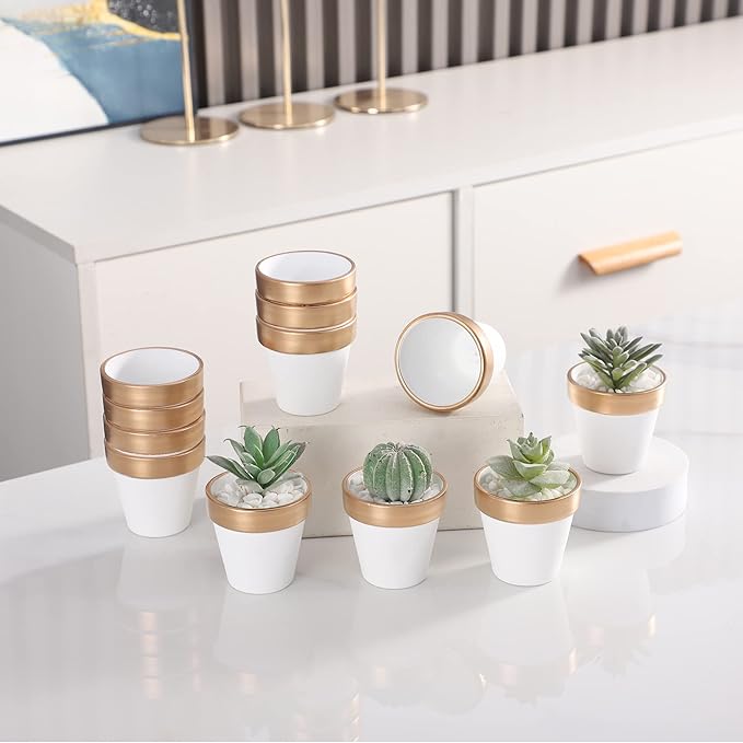 Yishang 2.5 inch White&Gold Terracotta Pots with Drainage Holes,Small Mini Clay Ceramic Pottery Planter,Cactus Flower Terra Cotta Pots,Succulents Nursery Pots for Indoor/Outdoor Plants,Crafts-12 Pack
