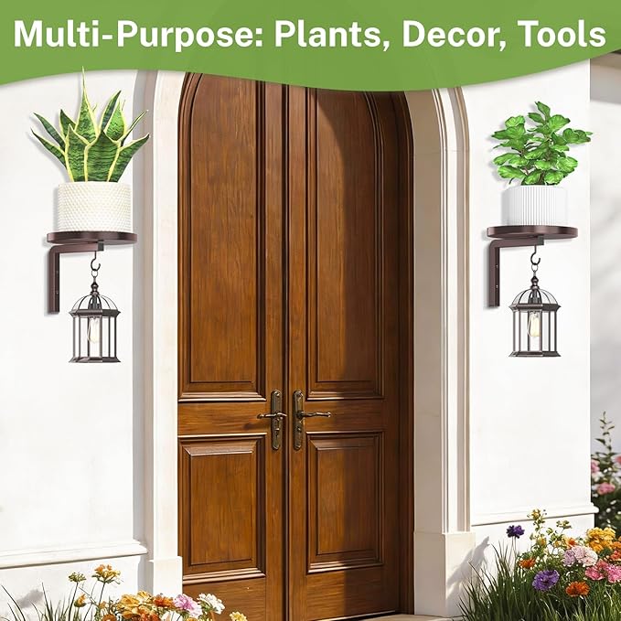 iDavosic.ly Wall Plant Holder Set of 2 for Indoor Outdoor, Metal Hanger with 2 Hooks, Floating Flower Display Stand for Window, Space Saving & Easy to Assemble (Pots/Plants Not Included), Bronze