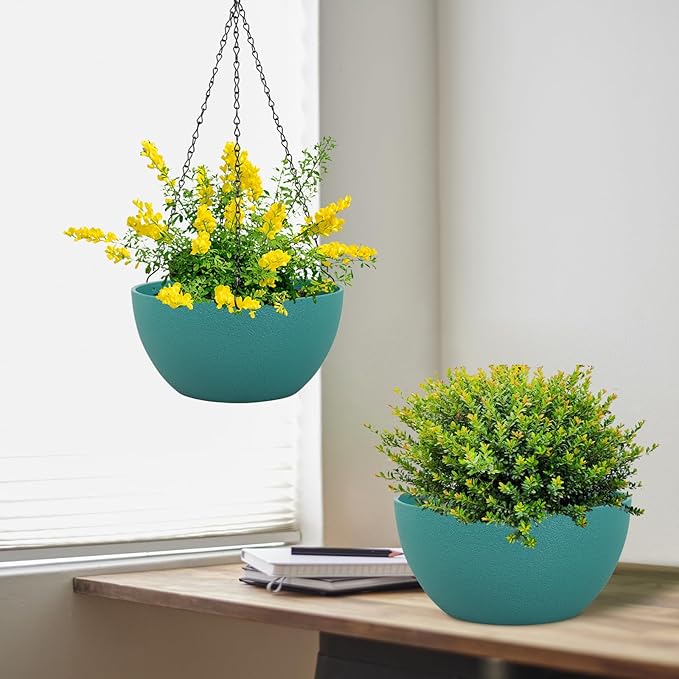 Meowell 12 inch Large Hanging Planters for Indoor Outdoor Plants, 2 Pack Hanging Flower Plant Pots with Drainage Holes and Chain for Garden Porch, Plastic Hanging Baskets for House Plants, Blue Green