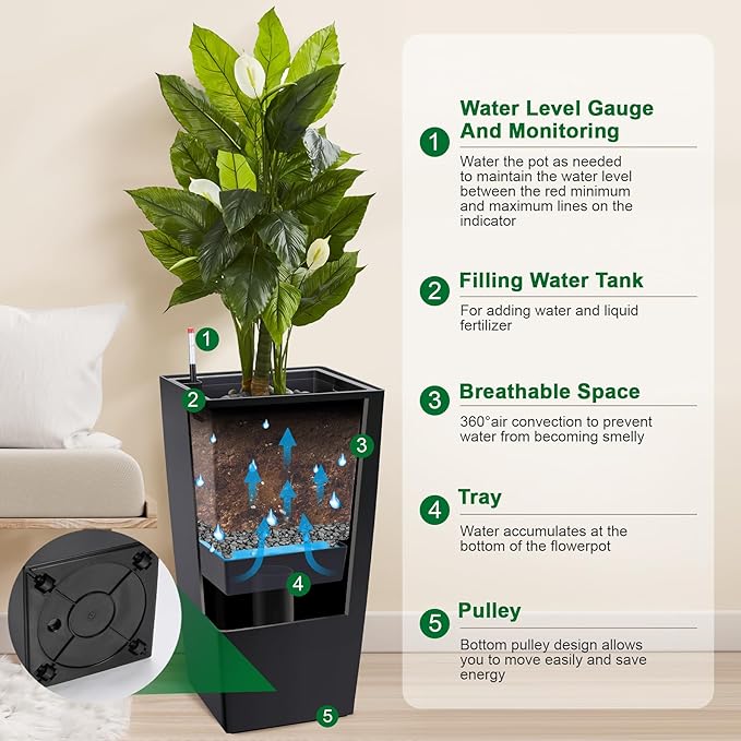 GarveeLife Tall Planters Set of 2 with Water Level Monitor & Drainage Holes Black 30"
