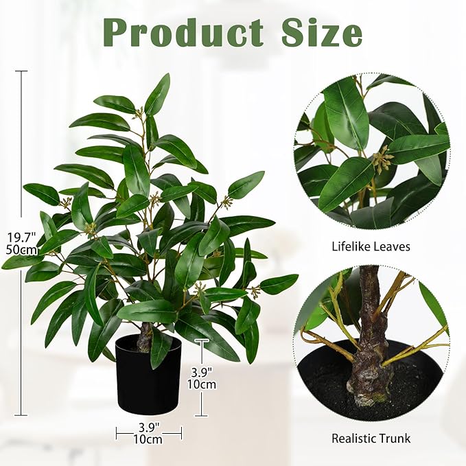 Artificial Plants Indoor with Pot, 19.7" Fake Potted Plants Eucalyptus Leaves, Silk Plant for Home Decor Indoor Plants Artificial for Home Office Bedroom Farmhouse Entry Table Shelf Decor, Deep Green
