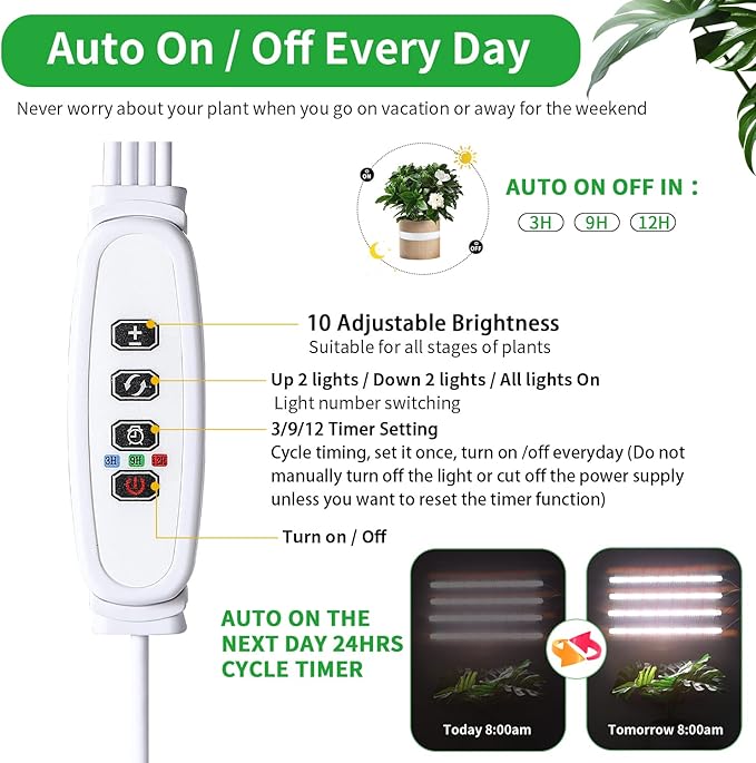 RWNTAO Grow Lights for Indoor Plants, 13" Grow Light Strips with Timer 3/9/12 H, 10 Dimmable Levels, 192 LEDs Full Spectrum Sunlight，Plant Growing Lamp for Indoor Greenhouse Seedlings, 4 Head