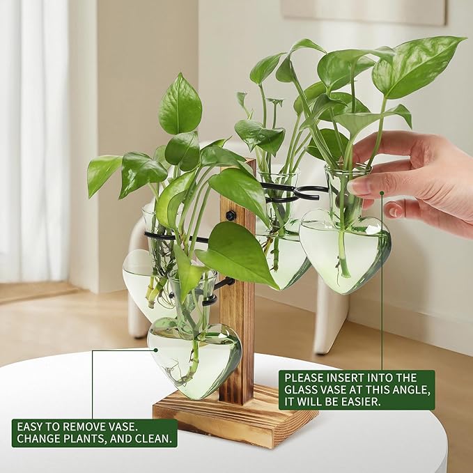 Plant Terrarium Propagation Stations with Wooden Stand, Glass Vase for Indoor Hydroponics Home Garden Office Decoration Gift for Women - 4 Love Bulb Vase