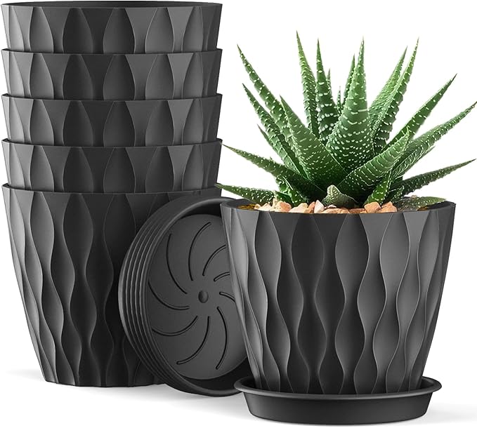 UOUZ 4 Inch Small Pots for Plants, 6 Pack Waffle Texture Small Plant Pots for Succulents, Plastic Planter with Drainage Holes and Saucers for Indoor Outdoor Plants, Flowers, Herbs, Seedlings,Black