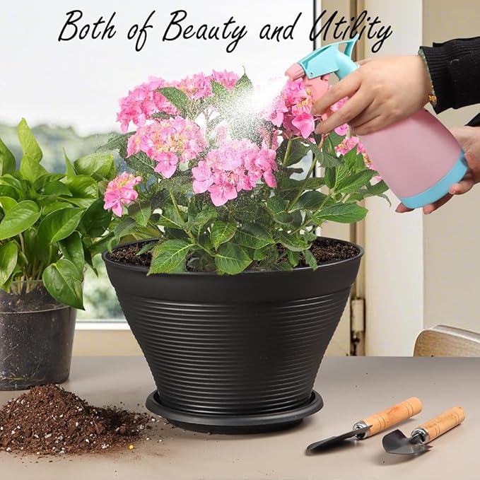 RooTrimmer 5 Pack 10 Inch Plant Pots with Saucers, Plastic Flower Pots with Drainage Holes, Large Planters for Indoor Outdoor Garden, House Plants, Flowers, Herbs, Gardening Gifts, Black
