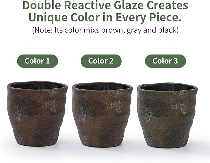 Modern Irregular Ceramic Planter Set of 2-4+6 Inch Unique Reactive Glaze Flower Pots with Drainage Holes & Saucers - Indoor Outdoor Decorative Succulent Orchid Pots,Brown