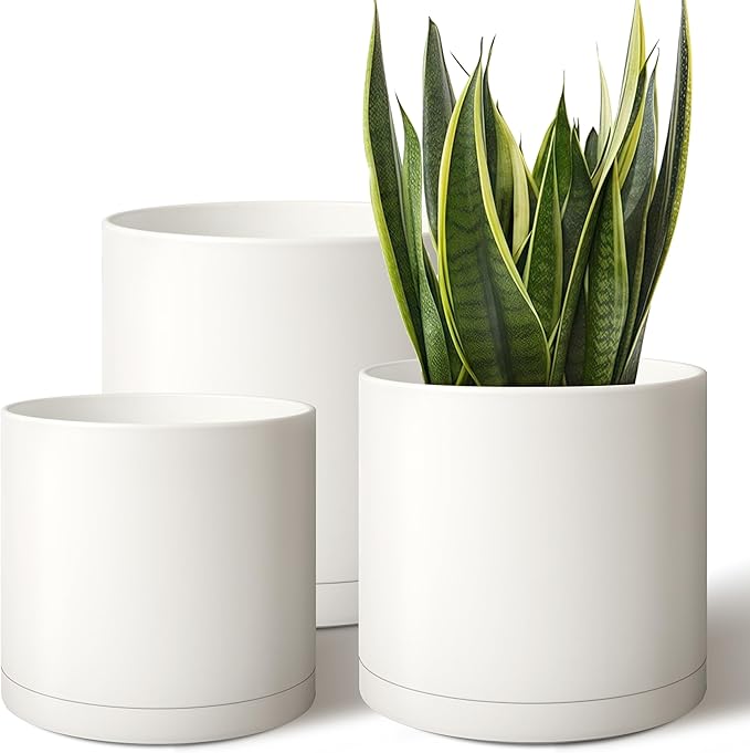 Giraffe Creation Cylinder Plant Pots 12/10/8 inch Set of 3, Modern Indoor/Outdoor Planter with Drainage Hole, Saucer & Water Reservoir, White