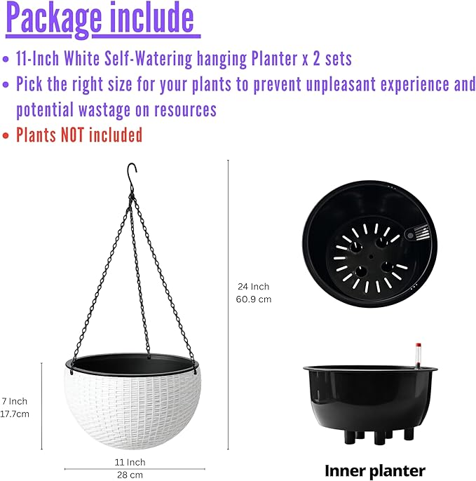 LaLaGreen Indoor Hanging Planter (11 Inch, 2 Pack) Self-Watering Round Flower Pot with Water Level Indicator, White Rattan Style Hanging Basket on Metal Chain for Balcony, Porch, Patio, Garden Decor