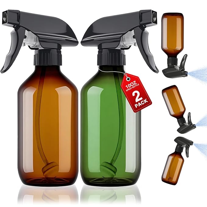 2 Packs Plastic Spray Bottles 360°Water Spray Bottle for Cleaning - 10 oz/300 ml Upside Down Spray Bottle Small Squirt Bottle with Adjustable Nozzle for Hair, Cooking, Plant, Pet (Brown + Green)