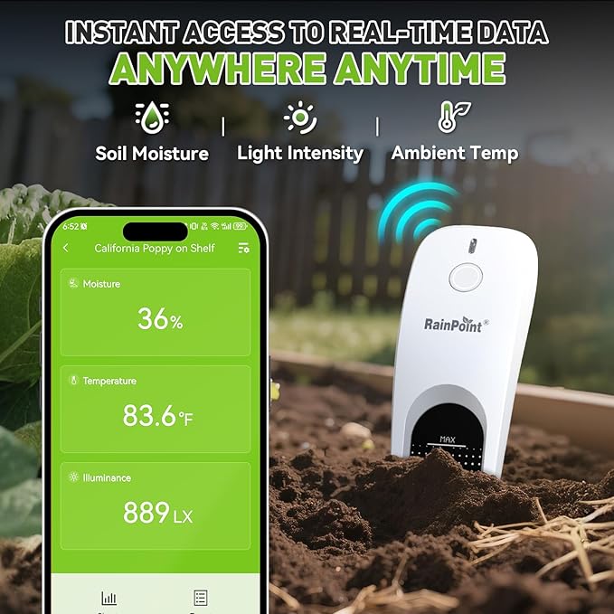 RainPoint 3-in-1 APP Remote Monitoring WiFi Soil Meter for Plant Indoor/Outdoor, Moisture/Air Temperature/Light Intensity Monitor and Custom Alert, IP66 Waterproof Wireless Sensor, 2.4GHz WiFi Support
