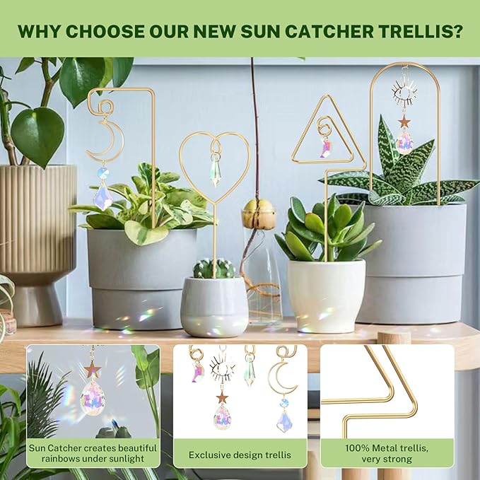 WellSign Small Trellis for Potted Plants Indoor with Colorful Crystal Sun Catcher, 14.17 Inch Metal Plant Lattice for Mini Potted Plant Decoration for Home Window Garden 4 Pack