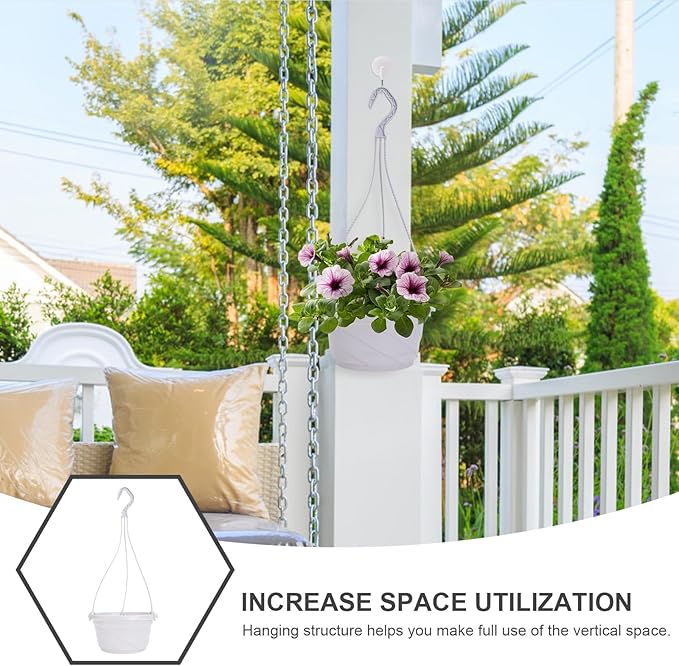 DOITOOL 10 Sets Hanging Planter Basket with Drainage Hole Round Flower Plant Pot Fence Railing Wall Planter for Ferns Ivy Crawling Plants Indoor Outdoor White
