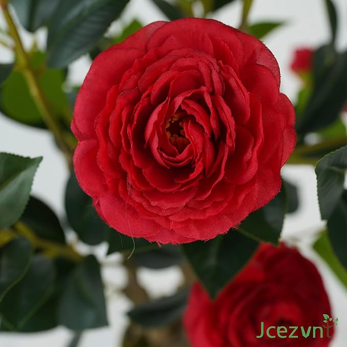 2 Pack Artificial Camellia Tree with White Pot, 38" Faux Potted Plants for Indoor Outdoor Decor, Tall Silk Greenery Plant for Home Offce Living Room Balcony,White, Red