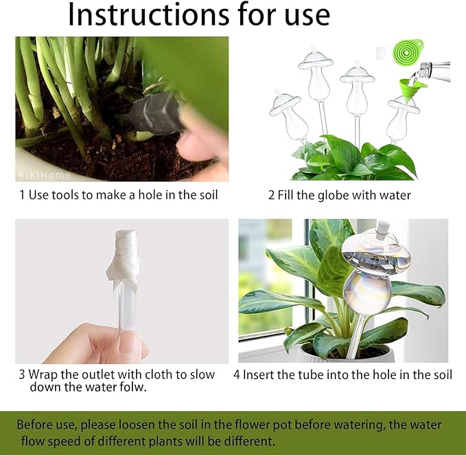 4 PCS Top-Fill Self Watering Globes, Automatic Plant Watering Devices, Transparent Self Watering Planter Insert, Durable Clear Glass Aqua Bulbs for Indoor, Mushroom Shape, & Funnel