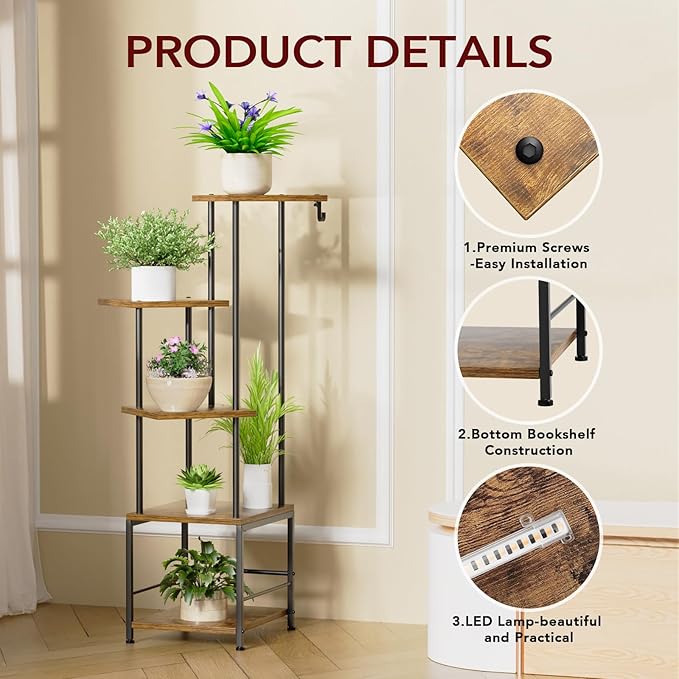 Homsorout Plant Stand Indoor with Grow Light, 5-Tiered Tall Plant Stand Indoor, Metal Plant Shelf with Hanging Basket Hook and Adjustable Light, Ideal for Living Room, Garden, Patio (Black Brown)