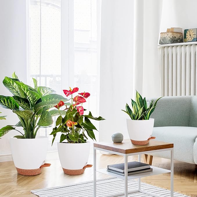 Vanslogreen Flower Pots, 8/7/6.5/6/5.5/5 Inch Self Watering Planters for Indoor Outdoor Plants with Drainage Hole, Plastic Planters for House Plants(White)