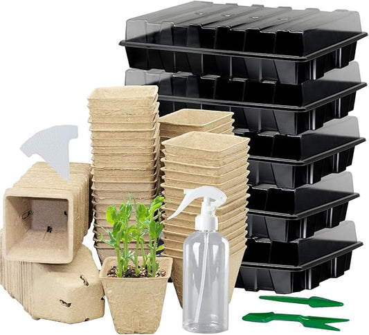 Seed Starter Kit with Peat Pots for Seedlings Seed Starter Tray, Including 100 Square Biodegradable Seed Starter Pods, 5 Plastic Growing Trays with Adjustable Dome& Spray Bottle