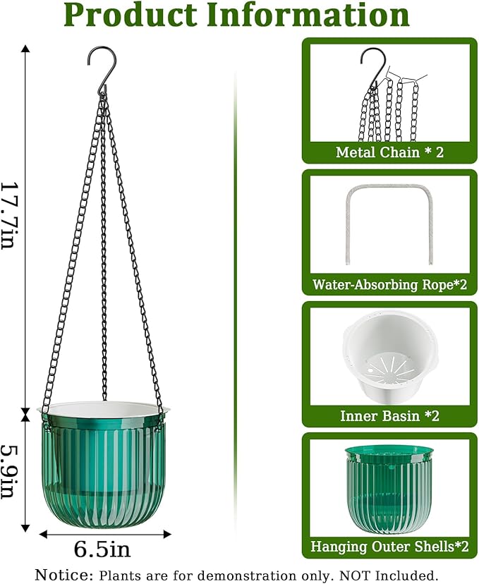 Halatool 2 Pack 6.5 Inch Self-Watering Hanging Planters for Plants, Indoor Hanging Flower Pots for Garden Home Wall Decor, Green