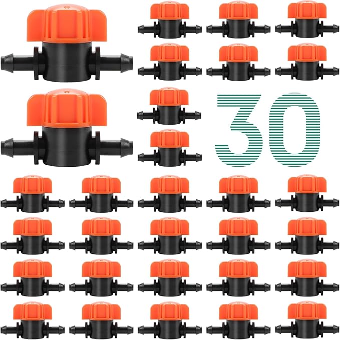RedChili 30 Pack 1/4" Drip Irrigation Shut Off Valves, in-Line Barbed Ball Valve for 1/4 Inch Drip Irrigation Tubing Anti-Drop Drip Line Water Flow Control Valve Parts for Garden Irrigation System