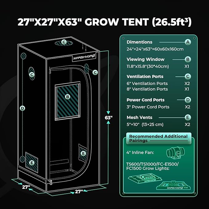 MARS HYDRO 2x2x5 Grow Tent Pro, 24"x24"x63" 2000D Thickened Polyester Canvas & High Reflective Mylar, Larger Observation Window, Controller & Socket Hanger,for TS600/FC1500/TS1000 Indoor Plant Growing