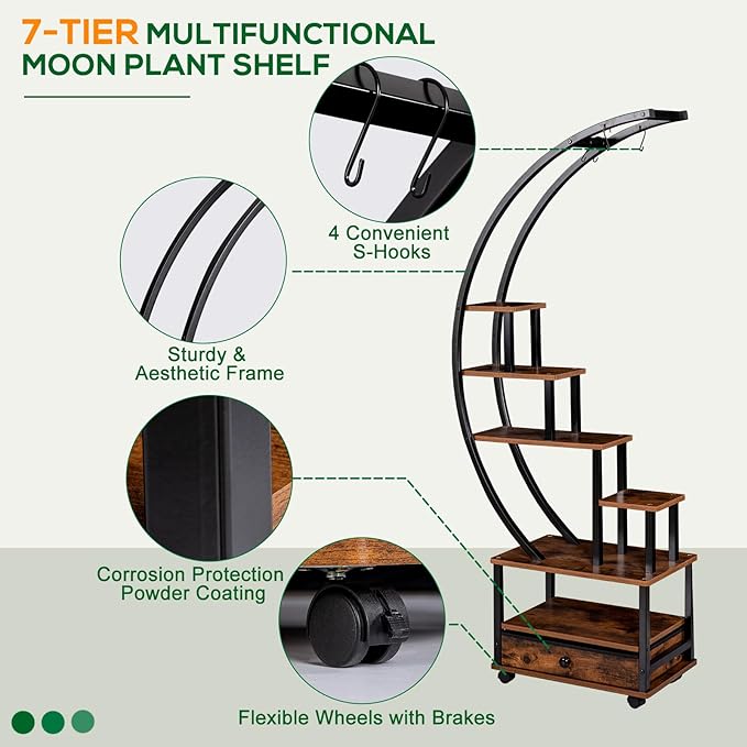 71” Tall 2 PCS Half Moon Indoor Plant Stand with Lockable Wheels, 14-Tier Plant Shelf with Drawer & Accessories, Plant Holder Display Rack for Multi-plants, Plant Rack for Balcony Living Room