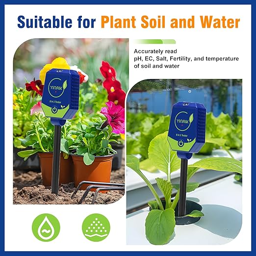 YINMIK Soil Test Kits, pH Moisture Meter for Plant, Smart Soil pH Tester, Digital Soil pH Meter, 8 in 1 Soil Meter - pH Moisture EC Fertility Salt Light Air Humidity Temp Meter for Outdoor, Garden