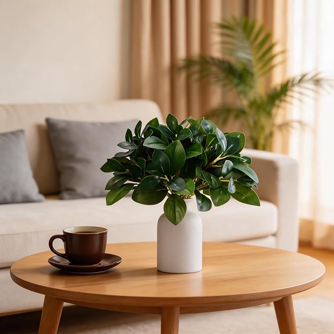12 Inch Artificial Plant Indoor,Small Fake Plants Eucalyptus Stems With Vase,Faux Greenery In Pot For Farmhouse Home Decor,Bathroom Living Room Kitchen Office Coffee Table Centerpiece (White)
