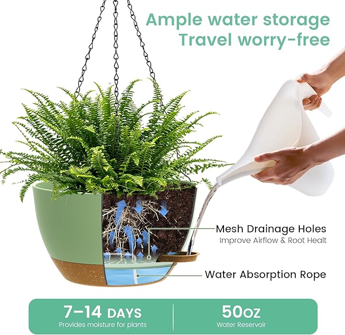 UOUZ 13 Inch 2 Pack Large Self Watering Hanging Planters for Indoor Outdoor Plants, Hanging Plant Pots with Removable 50 Oz Reservoir, Plastic Hanging Basket for Window Porch Garden, Green with Brown