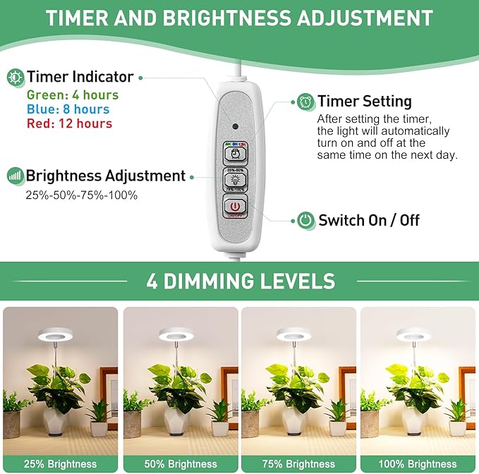 LORDEM Plant Grow Light, Full Spectrum Halo Desk Light, Height Adjustable 7.8"-26", LED Growing Lamp, Automatic Timer 4H/8H/12H, 4 Level Dimmable, Ideal for Indoor Plants, White, 2 Pack