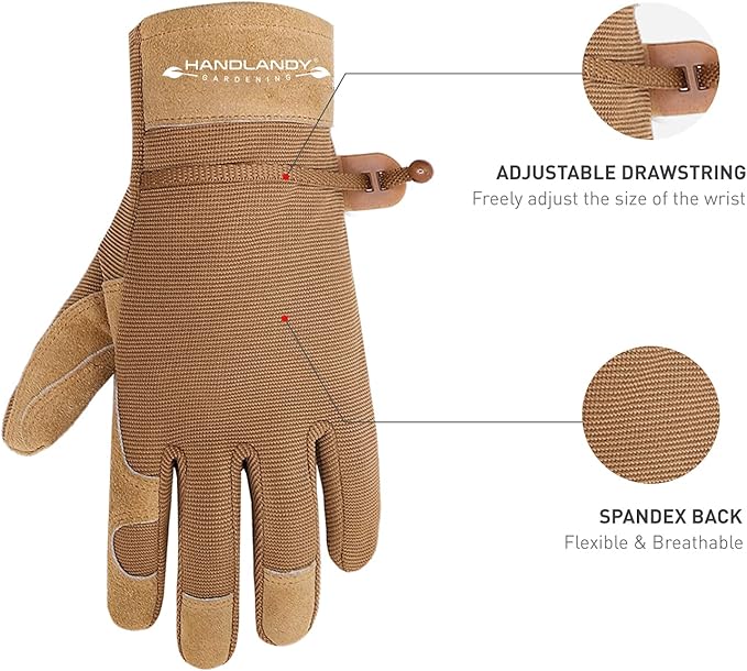 HANDLANDY Work Gloves for Women, Breathable Leather Gardening Glove for Yard Maintenance, Hand Protection with Touch Screen