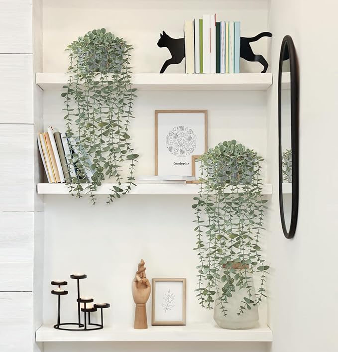 Mkono Fake Hanging Plants in Farmhouse Galvanized Pots Rustic Faux Potted Eucalyptus Greenery Indoor Artificial Plants for Book Shelf Mantel Living Room Bathroom Bedroom Home Office Decor (2, Grey)