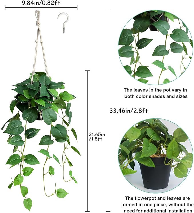 alyptus Fake Hanging Plants Artificial Decor Indoor Outdoor Realistic Silk Devil's Ivy Hanging Potted Plants Faux Greenery Plant Pothos Vines with Pot for Home (Hanging Pothos - Green)