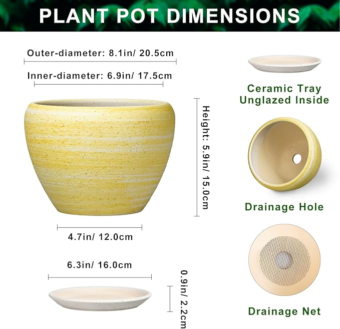 Ceramic Plant Pots - 8 Inch Planter with Drainage Hole and Tray, Decorative Pots for Plants Indoor Outdoor, Round Modern Plant Pot, Apartment Decor, Gifts for Men Women, Textured Yellow