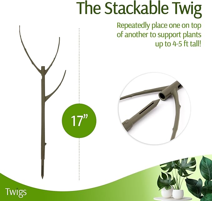 Twigs GA - Stackable Plant Support Stakes, Indoor & Outdoor Houseplant Stem Support, Garden Accessories, Durable Trellis Alternative for Climbing & Potted Plants - Moonstone, 10 Pack, 17" L