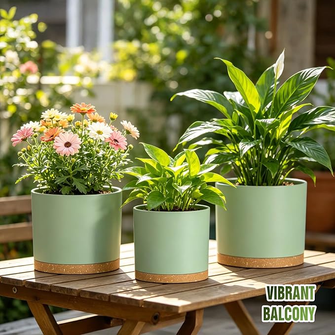10/9/8 Inch Large Plant Pots with Drainage Holes and Trays, 3 Pack Modern Minimalist Cylinder Planters for Monstera, Snake Plant, Indoor Outdoor (Matte Green & Brown)