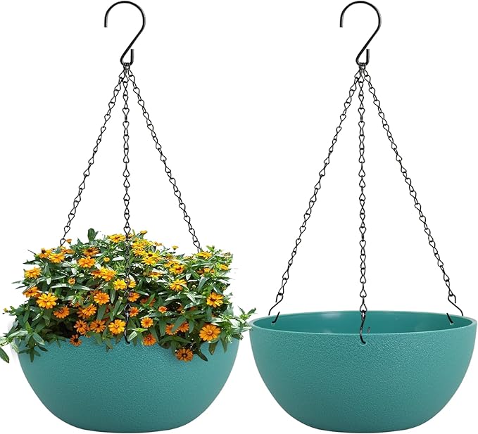 WSMKSZ 13 inch Large Hanging Planters Plant Pots for Outdoor Indoor Plants with Drainage Holes and Chain, 2 Pack Round Hanging Flower Pots for Garden Home Porch Decor, Blue Green